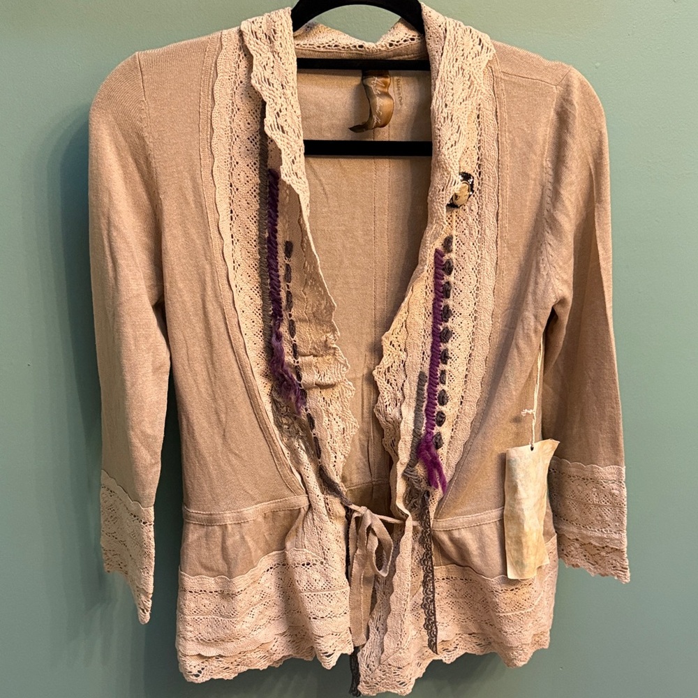 Elegant Beige Lace Cardigan with Purple Accents.  Size S